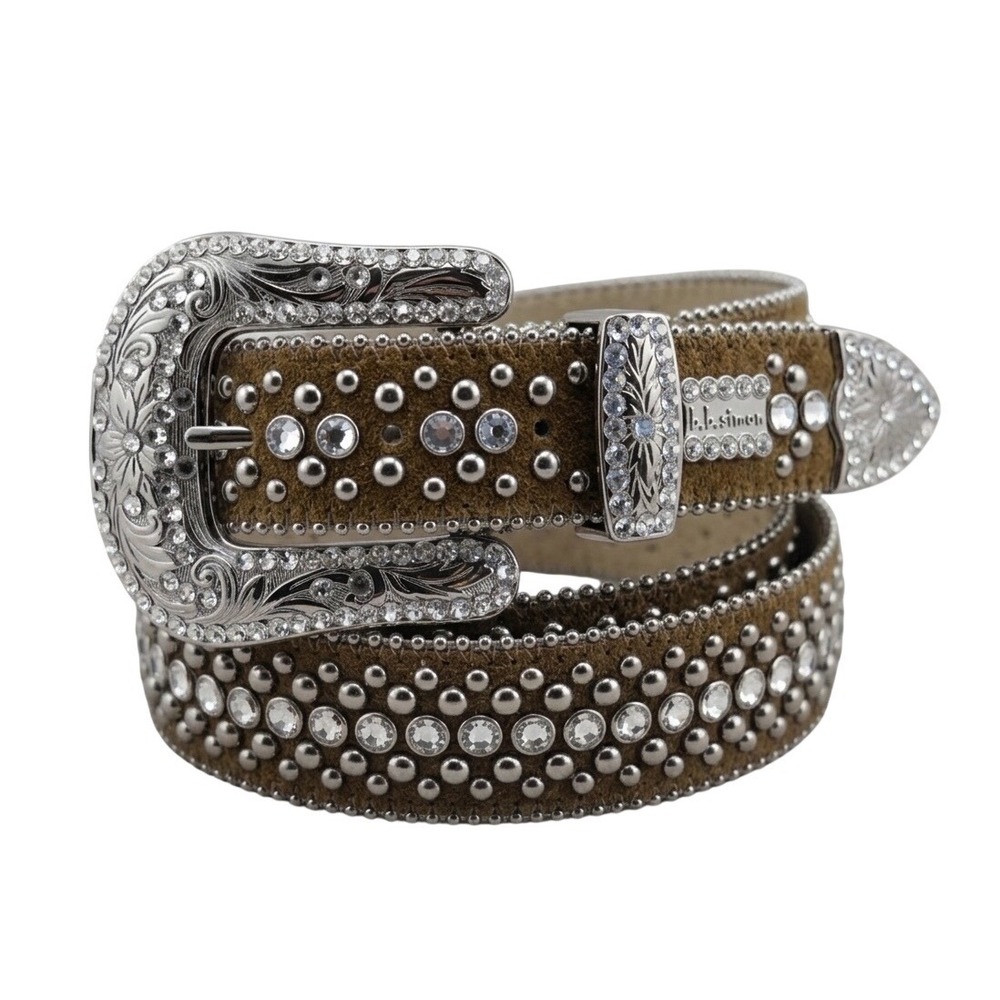 BB Simon Brown Suede Crystal Studded Western Belt Silver Buckle XXL 1689 188